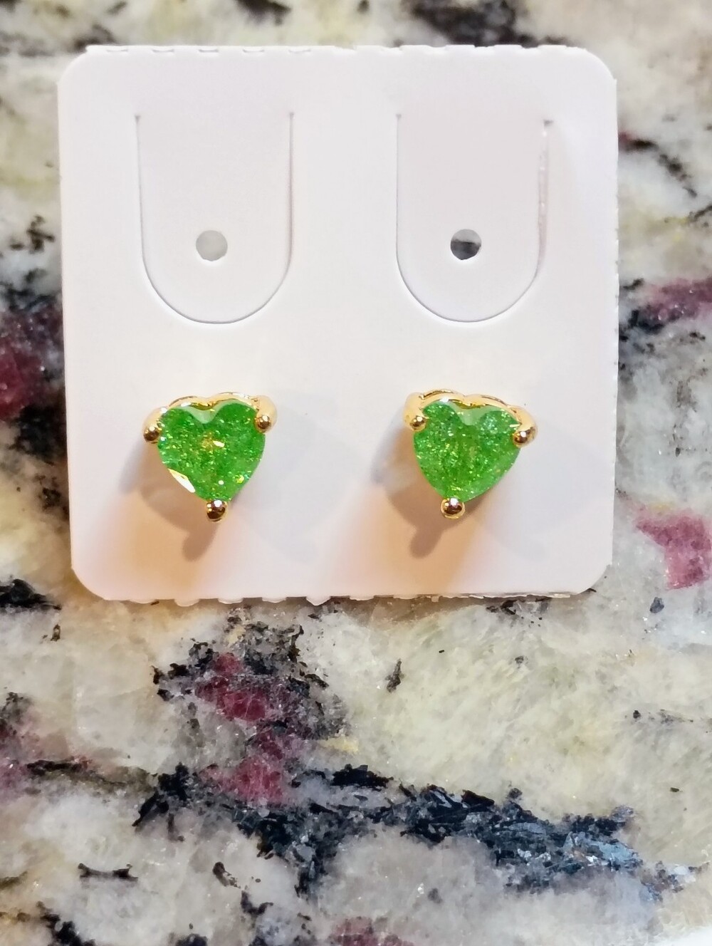 New Gold-Plated Heart Stud Earrings with Green Druzy